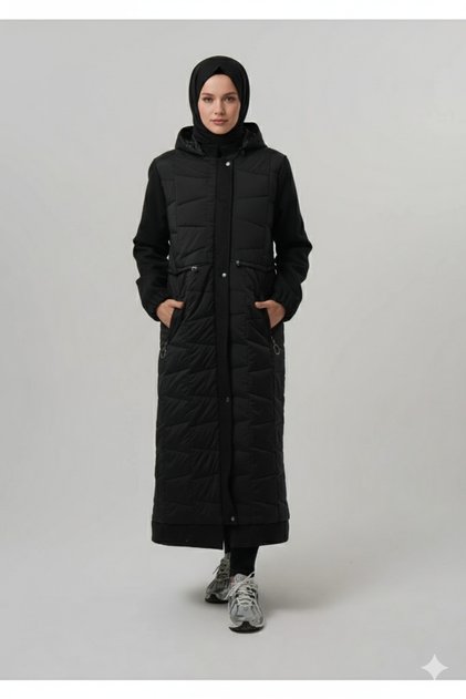 Women's Modest Black Coat Parka Detachable Hood Cashmere Detailed Long Coat