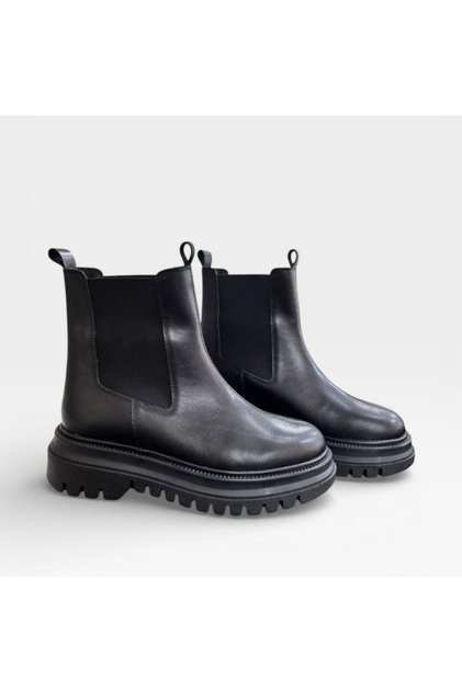 Black Genuine Leather Women's Comfortable Chelsea Boots with Elastic Sides and Thick Soles