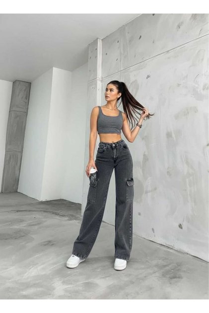 Valen Stretch Fabric Casual Cargo No Back Pocket Smoked Snow Super High Waist Loose Leg Denim Jeans