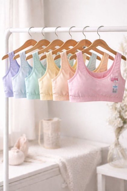 6-Pack of Young Girls' Padded Thick-Strap Plain Training Bras in Pastel Colors