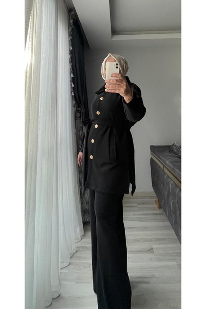 Women's Suit Fur Detailed Gold Buttoned Three Piece Suit
