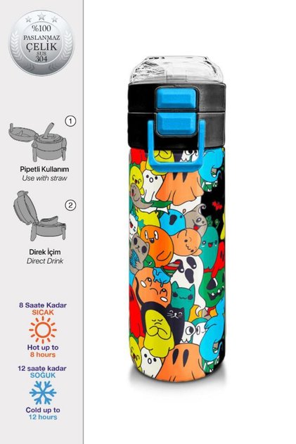 Kids Navy Blue Colored Striped Patterned Straw and Direct Drinking Steel Thermos 500 ml 31990