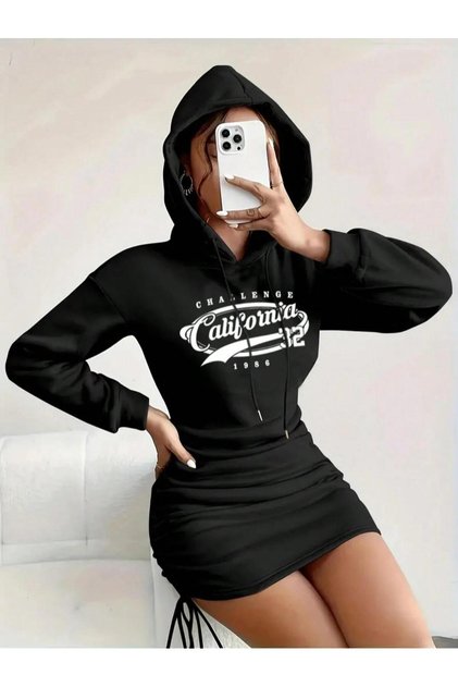 California Printed Black Side Gathered Hooded Mini Sweatshirt Dress