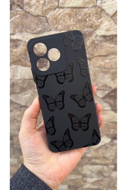 Realme C61 Compatible Black Butterfly Patterned Silicone Shock-Absorbing Classic Protective Rubber Case