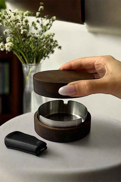 Dark Wood Ashtray with Lid Ashtray with Stainless Metal Bowl for Home, Office and Cafe Dark Silver