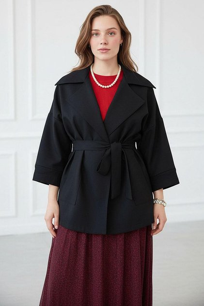 Black Waist Belted Short Women's Trench Coat Sh340