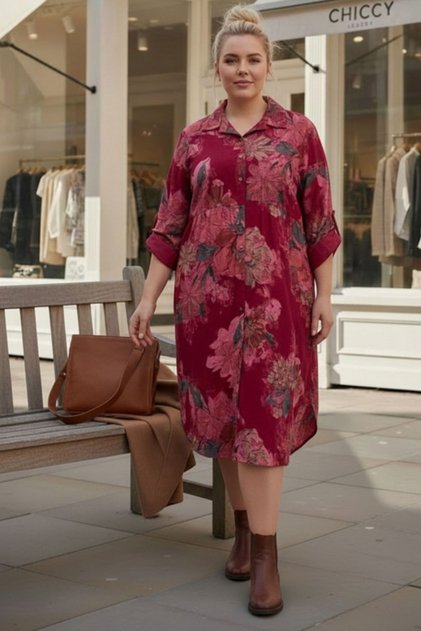 Italian Plus Size Burgundy Shirt Collar Long Sleeve Allover B Printed Velvet Woven Dress 112 65