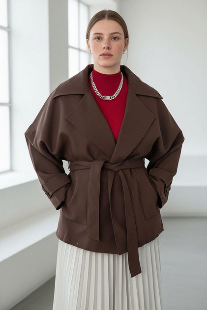 Brown Waist Belted Short Women's Trench Coat Sh340