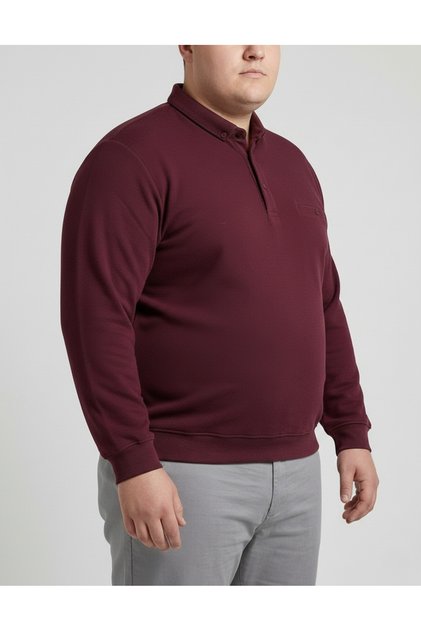 Men's Sweatshirt Polo Neck Buttoned Thessaloniki Woven Oversized Plus Size Burgundy
