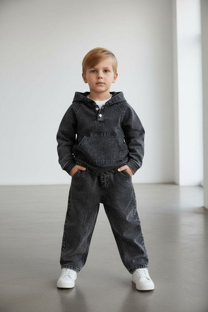 Boys' Hooded Denim Bottom-Top Set | Relaxed Fit Daily Outfit