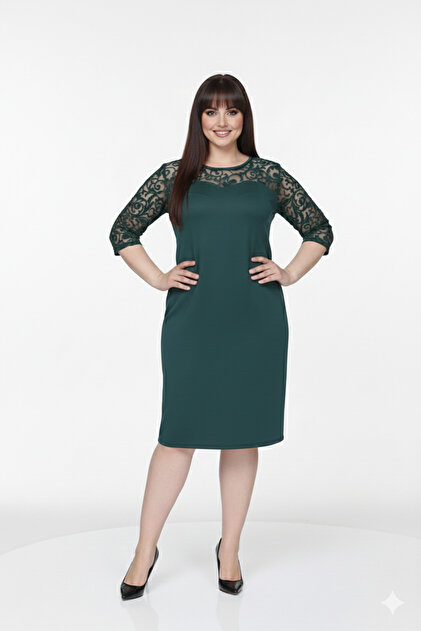 sharin Women's Plus Size Green Tulle Collar Three Quarter Sleeve Midi  Length Dress 12m-2367- Trendyol