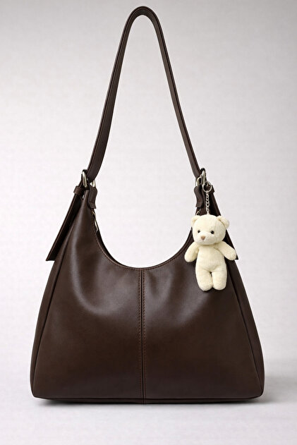 Women's Teddy Bear Charm Detailed Hand and Shoulder Bag with Zipper Closure and Adjustable Belt Strap