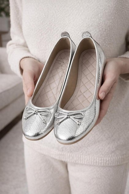 Auri Shiny Patterned Bow Detailed Non-Slip Sole Orthopedic Daily Women's Ballerinas
