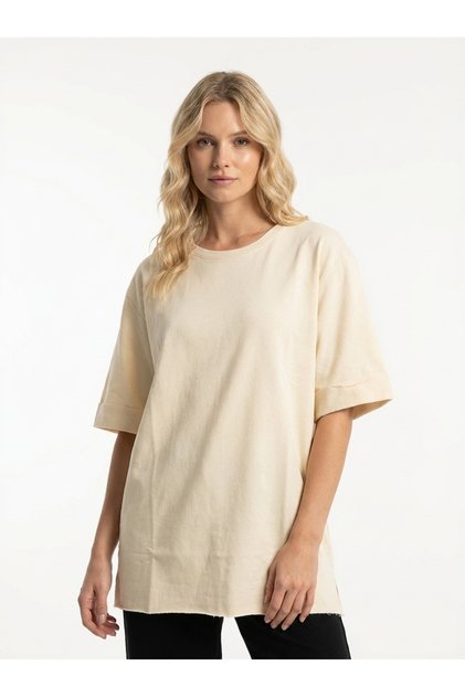 Women's Beige 2 Thread Side Y Slit Basic T-Shirt Nj41