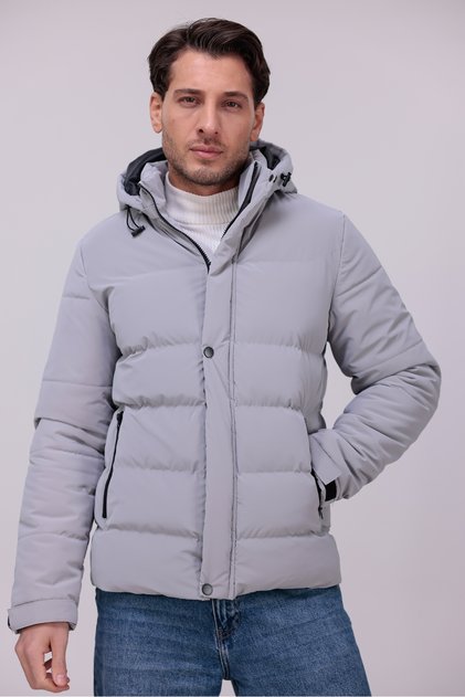 Men's Gray Water and Windproof Nova Fabric Detachable Puffer Jacket with Hooded Zippers and Snap Fasteners