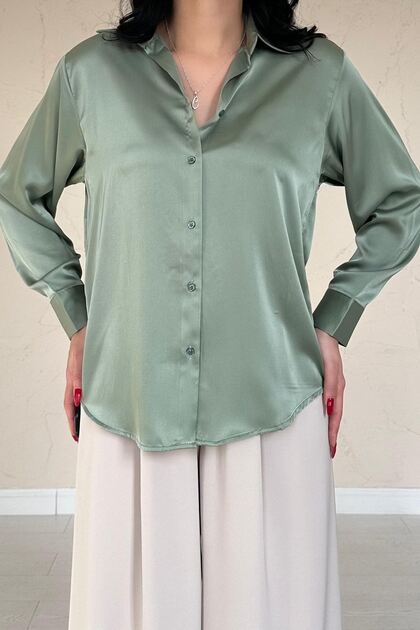 Women's Mint Green Long Sleeve Satin Shirt 18A-6777