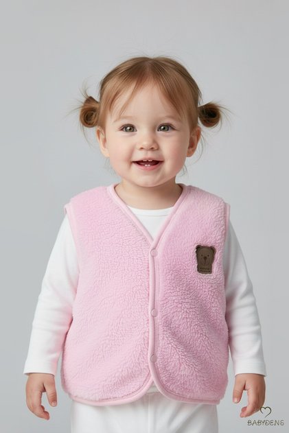 Welsoft Baby Girl Snap Fastener Vest | Soft Textured, Teddy Bear Emblem, Plush Baby Vest Pink