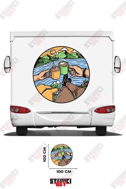 Couple Drinking Coffee Looking at the View Caravan Sticker Decal