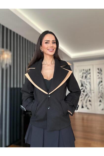 Black Double Collar Design Cashmere Jacket
