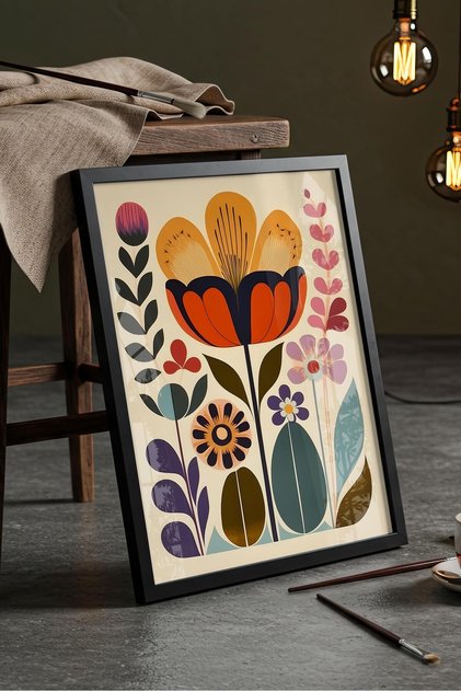 Boho Folk-Art Orange Floral Arrangement - Painting with Black Frame