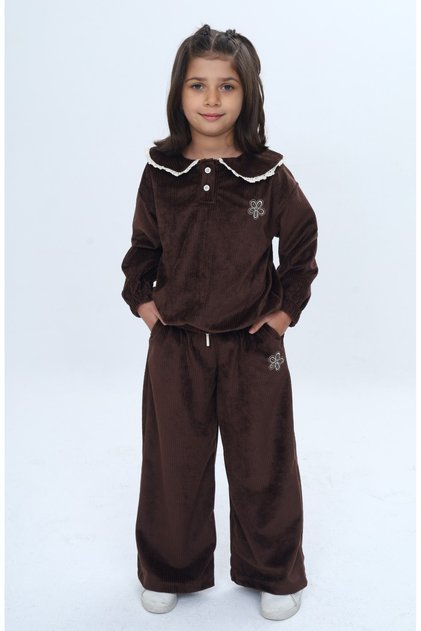 Girl's 2-Piece Set: Embroidered Sweatshirt with Lace Collar & Elastic Waistband, Wide-Leg Sweatpants