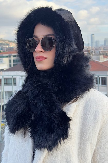 Women's Black Fur Scarf Hat | Winter Hooded Stylish Model