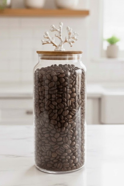 1400 ml Borosilicate Glass Jar - Silver Coral Figure Bamboo Lid Luxury Storage Container