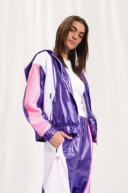 Purple White Zippered Hooded Jacket 17328