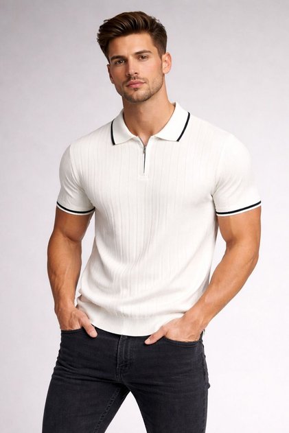 Men's Knitwear T-Shirt Poloyaka Zippered Cotton Ultra Quality-White T-Shirt