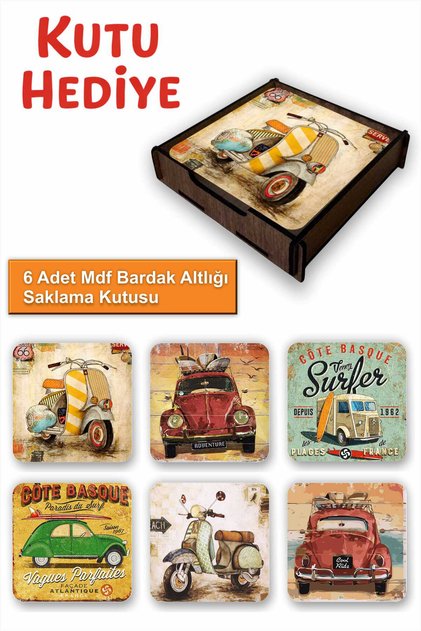 Retro Vintage Vehicle Themed Set of 6 Mdf Coasters | Wooden Box with Gift