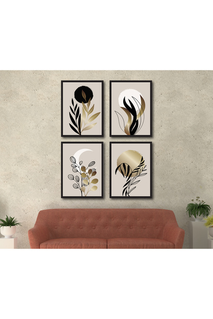 Siyah Altın Soyut Botanik 4’lü MDF Tablo Seti – Minimal Modern Duvar Dekoru