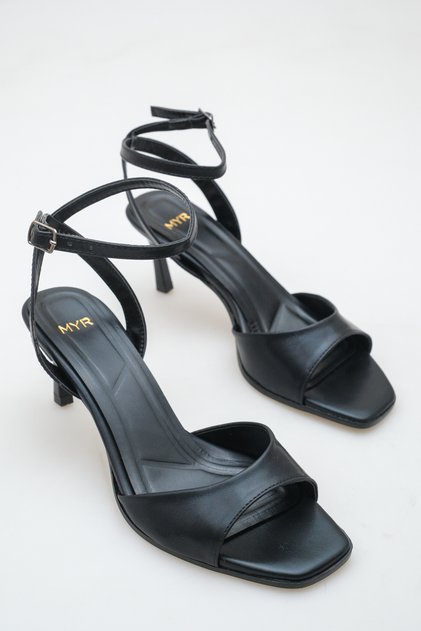 Women's Black Shiny Ankle Strap Heeled Shoes