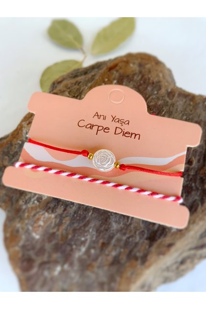 Rose Detailed Anı Yaşa Carpe Diem Red and White Martenitsa Wish Bracelet