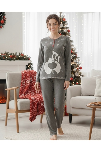 Women's Anthracite 100% Cotton Panda Patterned Winter Pajama Set