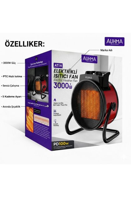 Al-NET AT1H Elektrikli Isıtıcı Fan Siyah | 3000 W Hızlı Isınma 3 Kademeli Ayar | Sessiz PTC