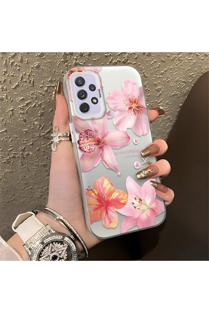 Samsung Galaxy A72 Compatible Flower Pattern Matte Glossy Surface Impact Protection Colorful Silver Case