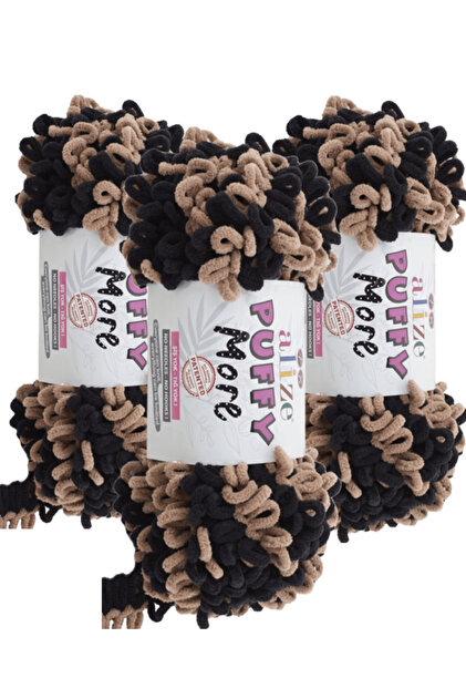 Puffy More Hand Knitting Yarn 3 Pieces – 6289 Black/Brown – 150 Gr. 11.5 Meters. – Blanket, Scarf, Vest