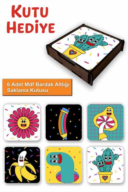 Fun Colorful Set of 6 Mdf Coasters | Colorful Pop Art Design | Wooden Box with Gift