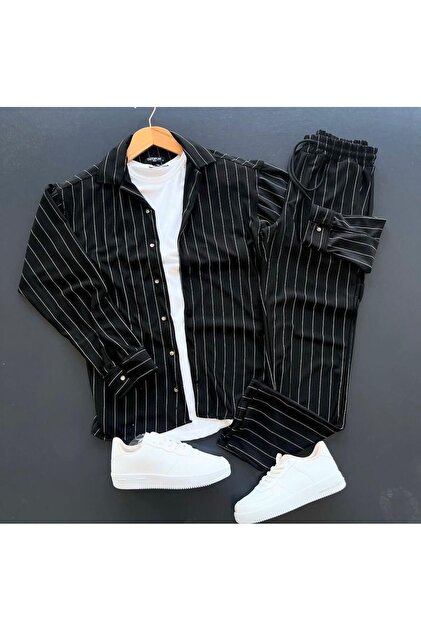 Crepe Fabric Striped Shirt Trousers Set