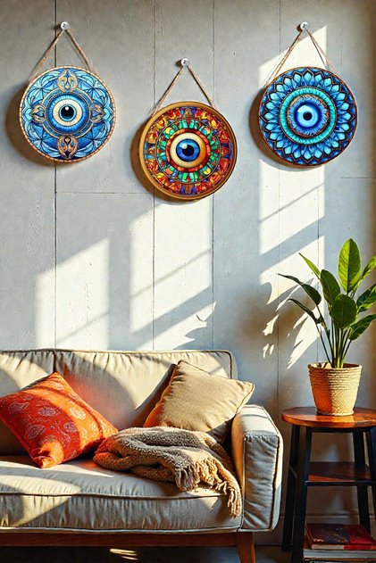 Nazar Boncuğu Kristal MDF İpli Tablo Seti, 3’lü Modern Duvar Dekoru, Salon, Oturma Odası, Ev İçin