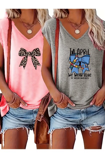Women's 2 Piece Mix Printed V-Neck Sleeveless Oversized Salas Boyfriend T-Shirt Set