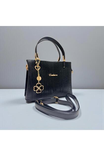 Women's Evening Dress Bag with Long Strap, 5 Compartments, Glitter Hand and Shoulder Bag with Glitter Clover Detail