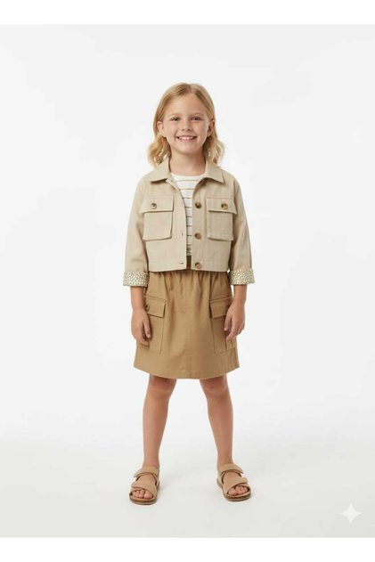 Girl's Skirt with Pockets Woven Fabric Dress Button Closure Gabardine Fabric Safari Jacket Set