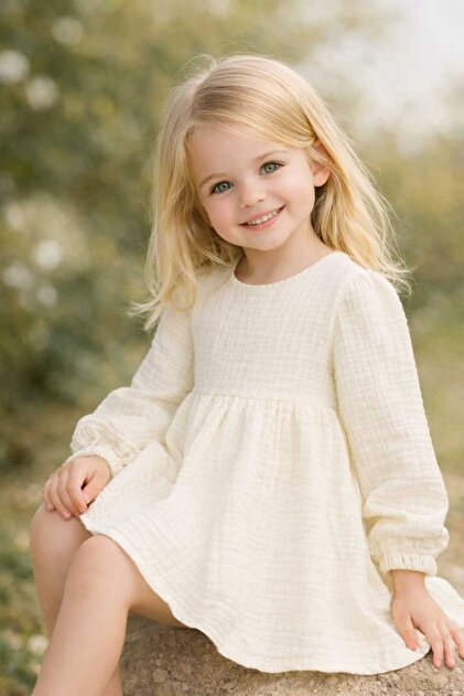 Seasonal Baby Girl / Girl Balloon Sleeve Muslin Dress Cream Color