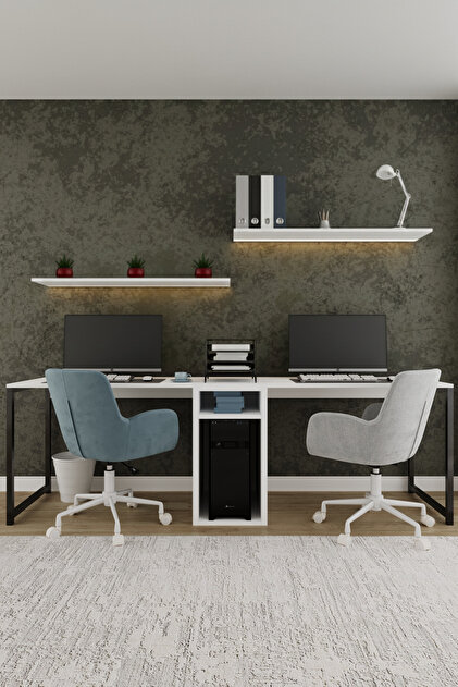 Twin 2 Kişilik Raflı Çalışma Masası Ofis Bilgisayar Masası - Beyaz