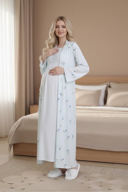 New Season Blue Shawl Collar Full Length Floral Pattern Short Sleeve Lace Maternity Nightgown Set