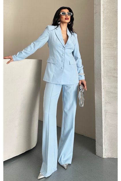 Women's Fabric Button Detail Jacket Pants Set Baby Blue