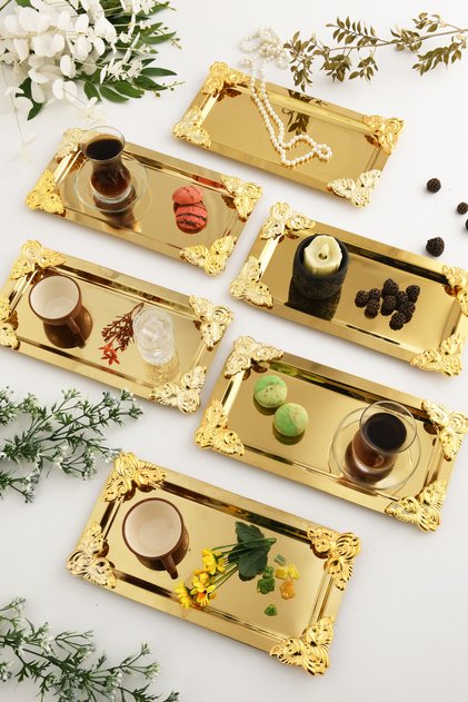 Foldosi Gold 6-Piece Gold Ornament Detailed Boat-Shaped Coffee Presentation Tray Serving Tea Tray Decorative Tray
