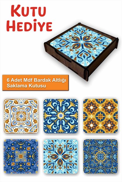 Set of 6 Mdf Coasters with Tile Pattern |   Colorful Pop Art Design |   Wooden Box with Gift