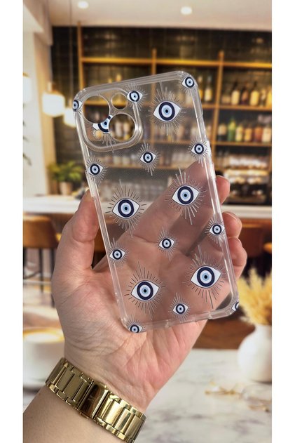 iPhone 13 Compatible Evıleye Patterned Transparent Shock-Absorbing Camera Protected Clear Case